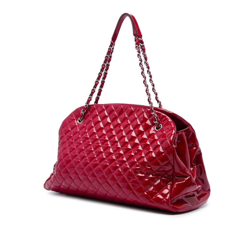 Chanel Maxi Quilted Patent Just Mademoiselle Bowling Bag Red Leather Good - Back View