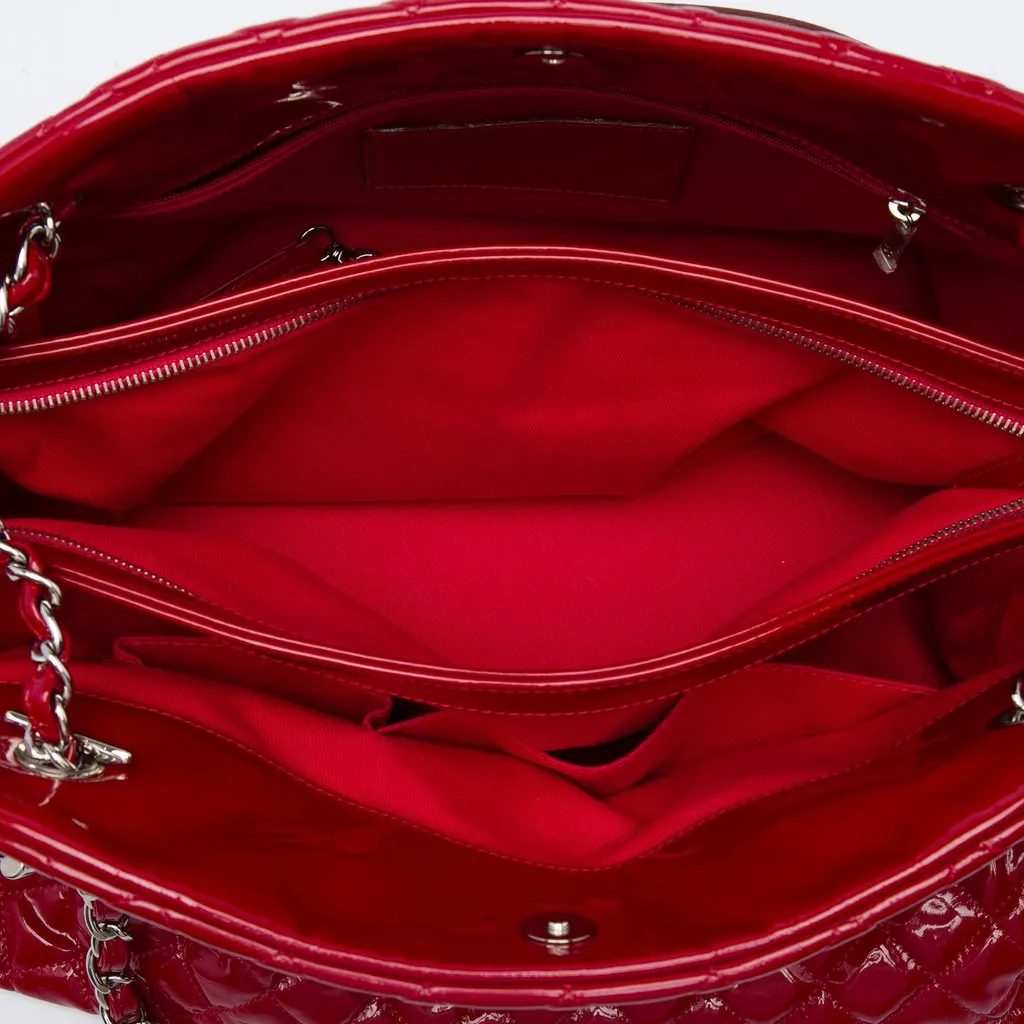 Chanel Maxi Quilted Patent Just Mademoiselle Bowling Bag Red Leather Good - Model View