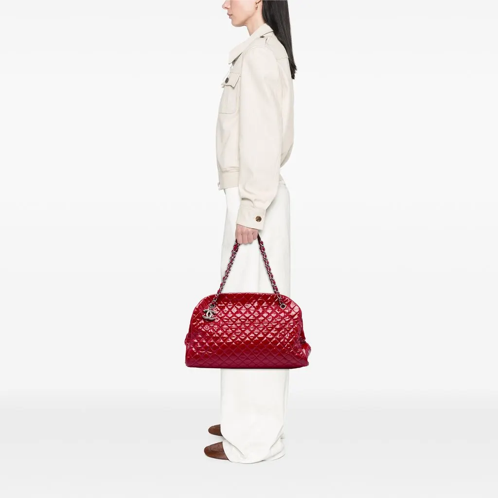 Chanel Maxi Quilted Patent Just Mademoiselle Bowling Bag Red Leather Good - Box View