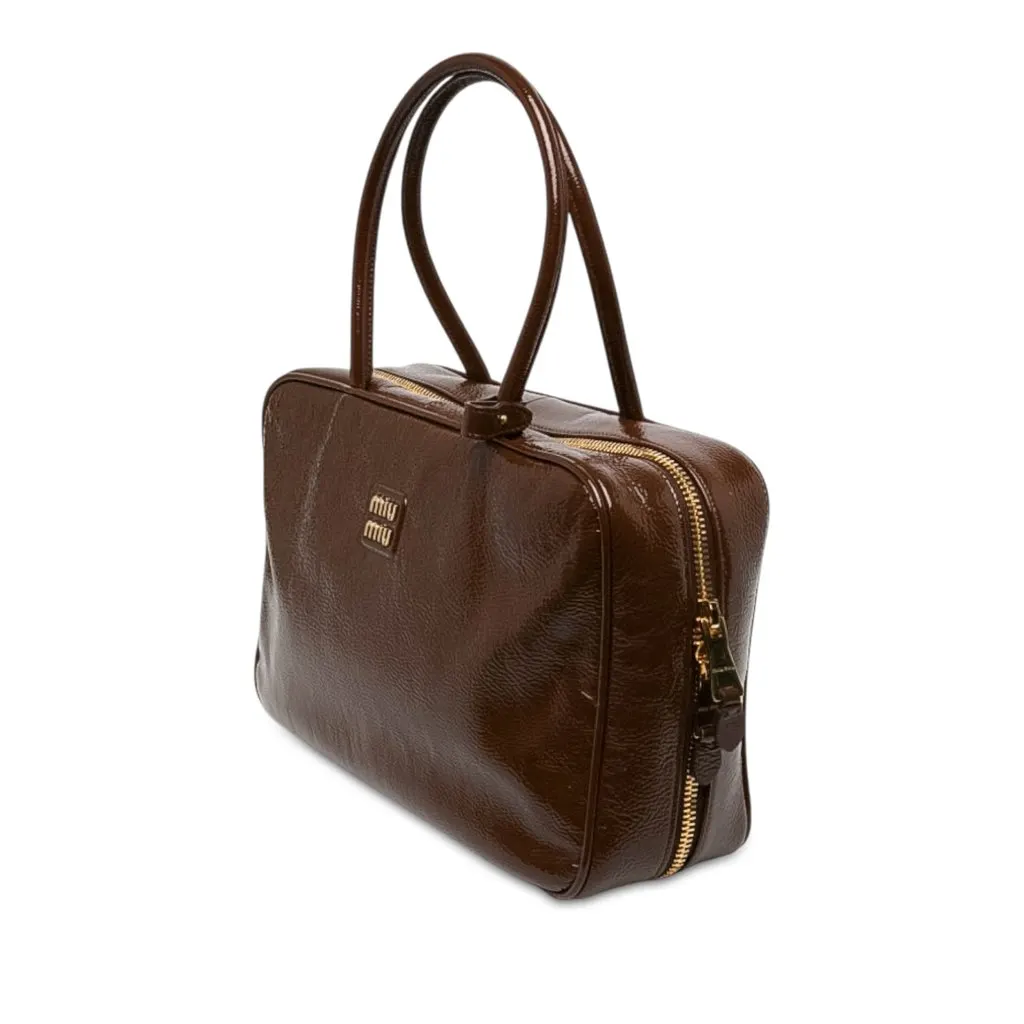 Miu Miu Large Naplak Patent Logo Beau Handbag Brown Leather Very good - Back View