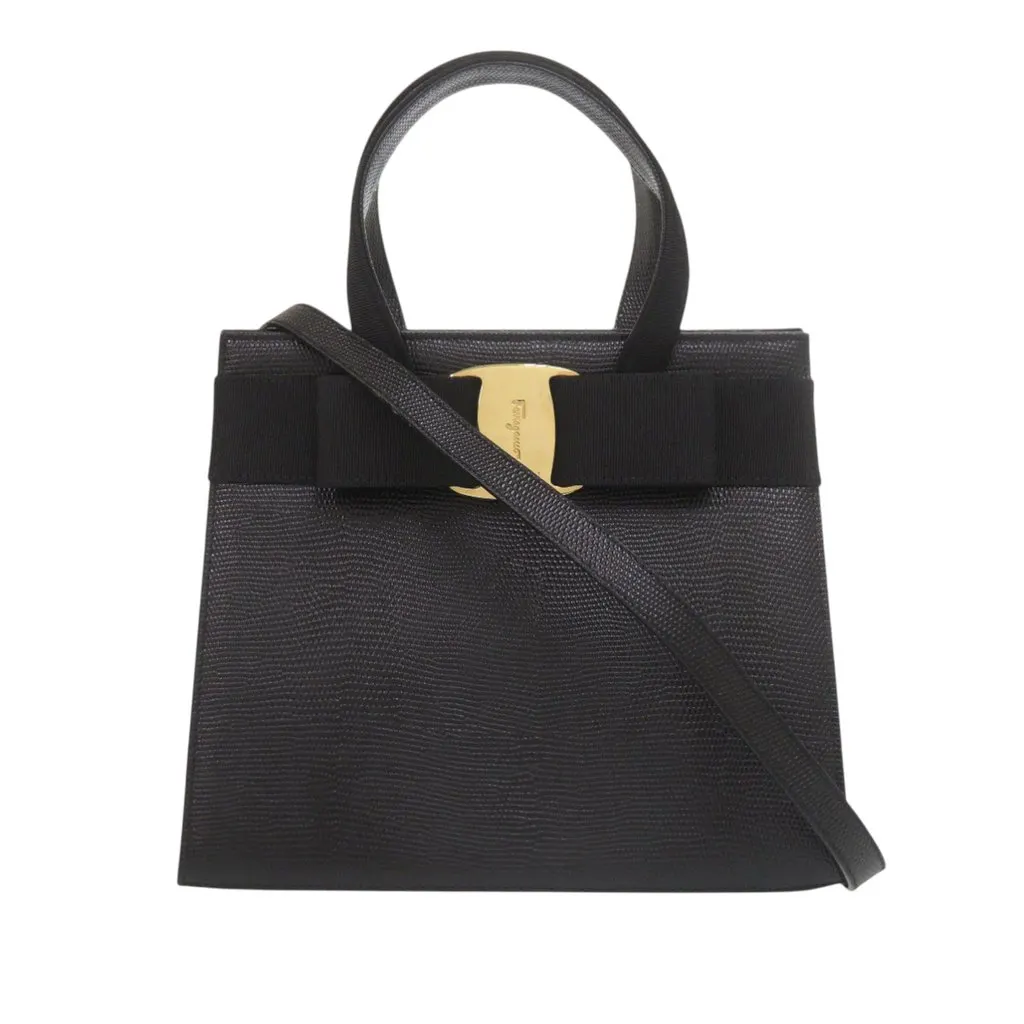 Salvatore Ferragamo Lizard Embossed Leather Vara Bow Satchel Black Leather Very good - Front View
