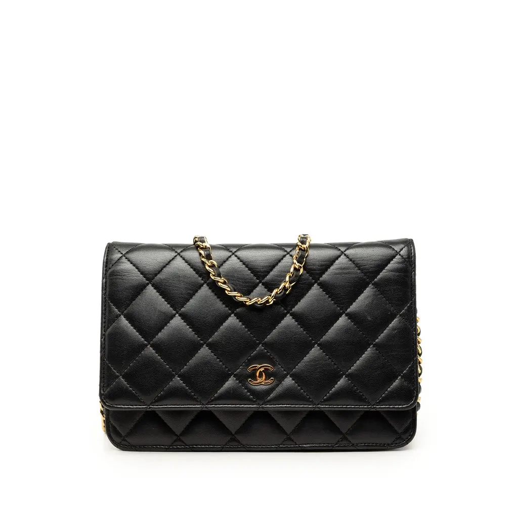 Chanel CC Quilted Lambskin Wallet On Chain Black Leather Very good - Front View