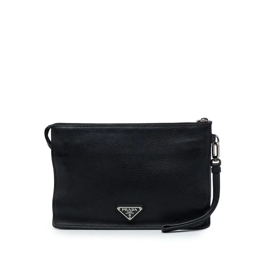 Prada Vitello Daino Wristlet Clutch Black Leather Very good - Front View