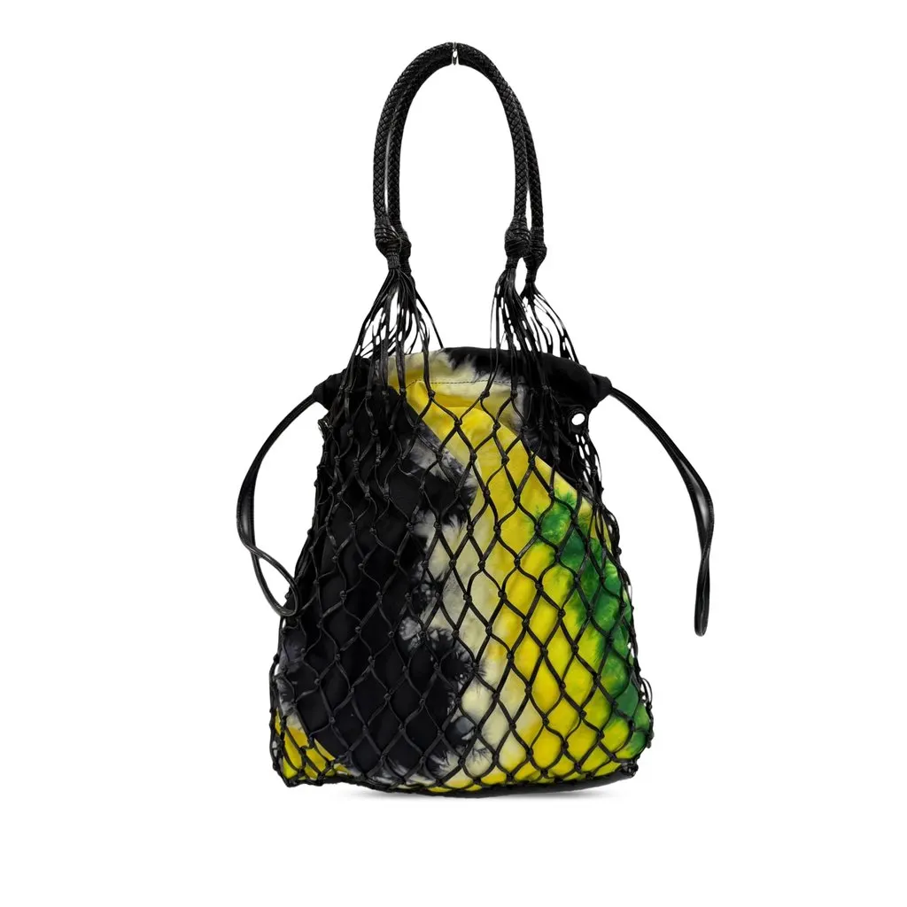 Prada Mesh Leather and Tie Dye Printed Tessuto Bucket Bag Black Leather Very good - Back View