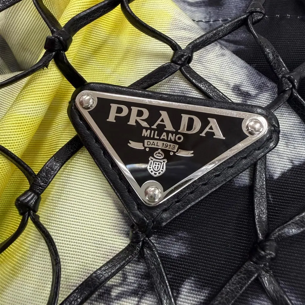 Prada Mesh Leather and Tie Dye Printed Tessuto Bucket Bag Black Leather Very good - Box View