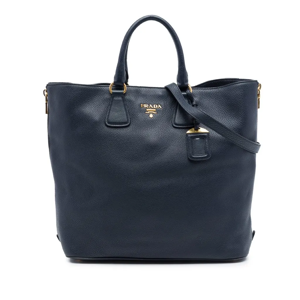Prada Vitello Daino Side Zip Open Convertible Tote Blue Leather Very good - Front View