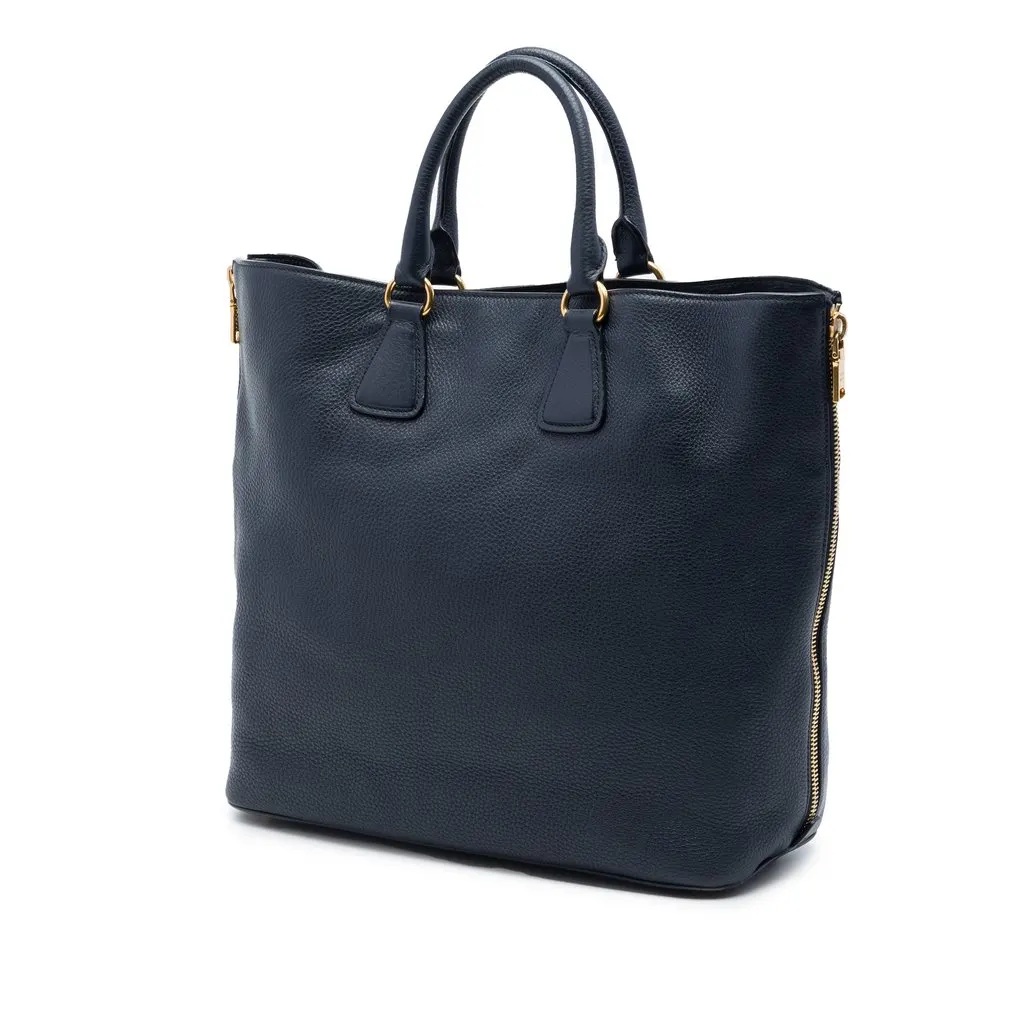 Prada Vitello Daino Side Zip Open Convertible Tote Blue Leather Very good - Back View