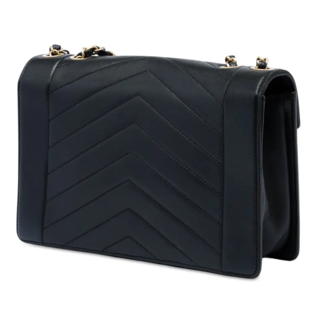 Chanel Medium Reversed Chevron Lambskin Flap Black Leather Very good - Back View