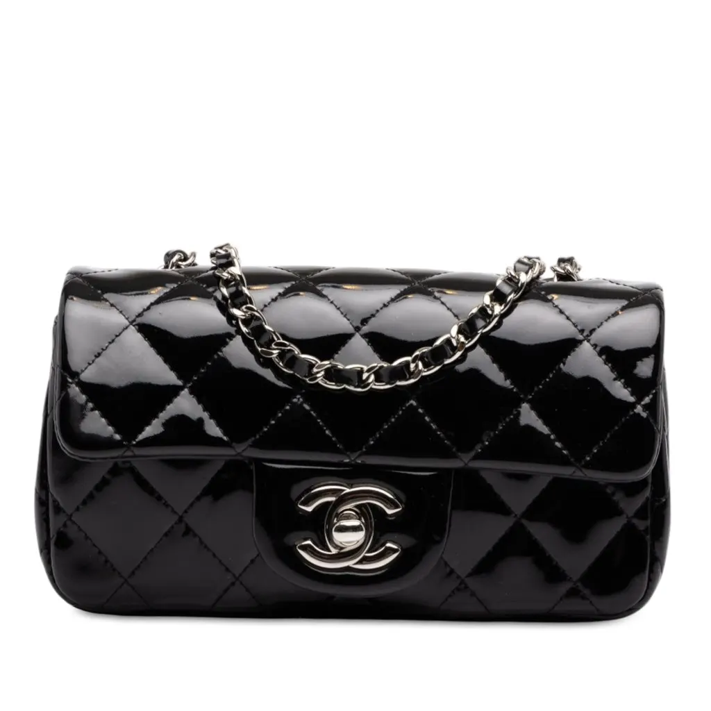 Chanel Extra Mini Rectangular Classic Patent Single Flap Black Leather Very good - Front View