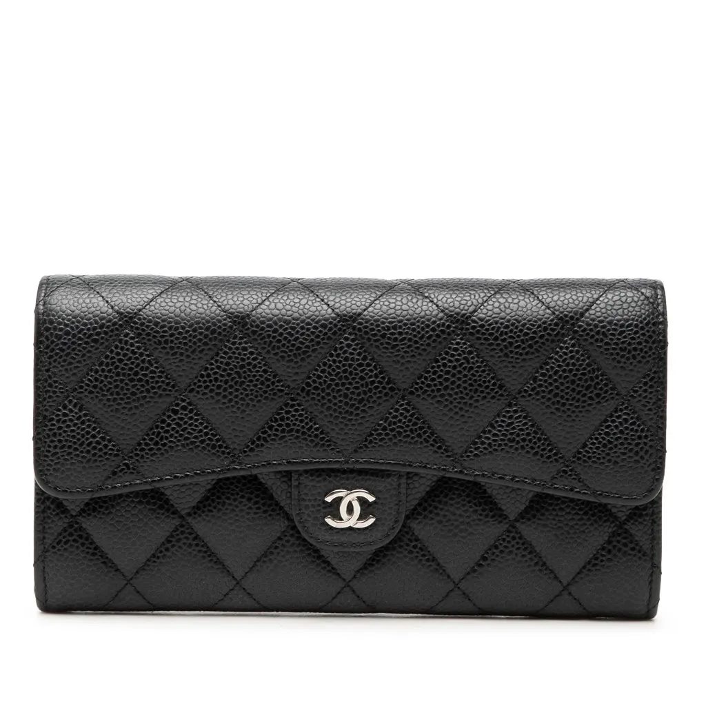 Chanel CC Quilted Caviar Classic Flap Wallet Black Leather Very good - Front View