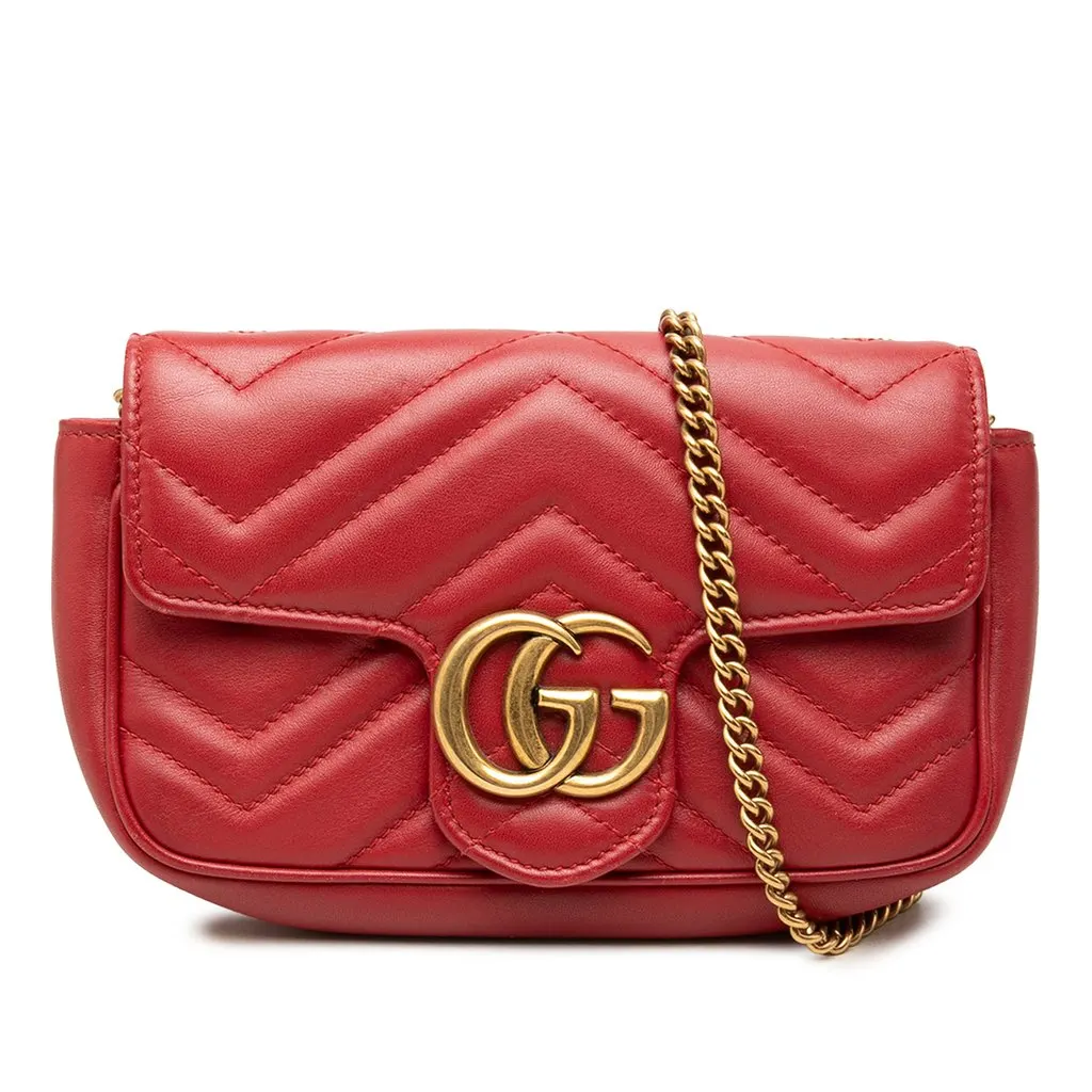 Gucci Mini GG Marmont Matelasse Leather Flap Crossbody Red Leather Good - Front View