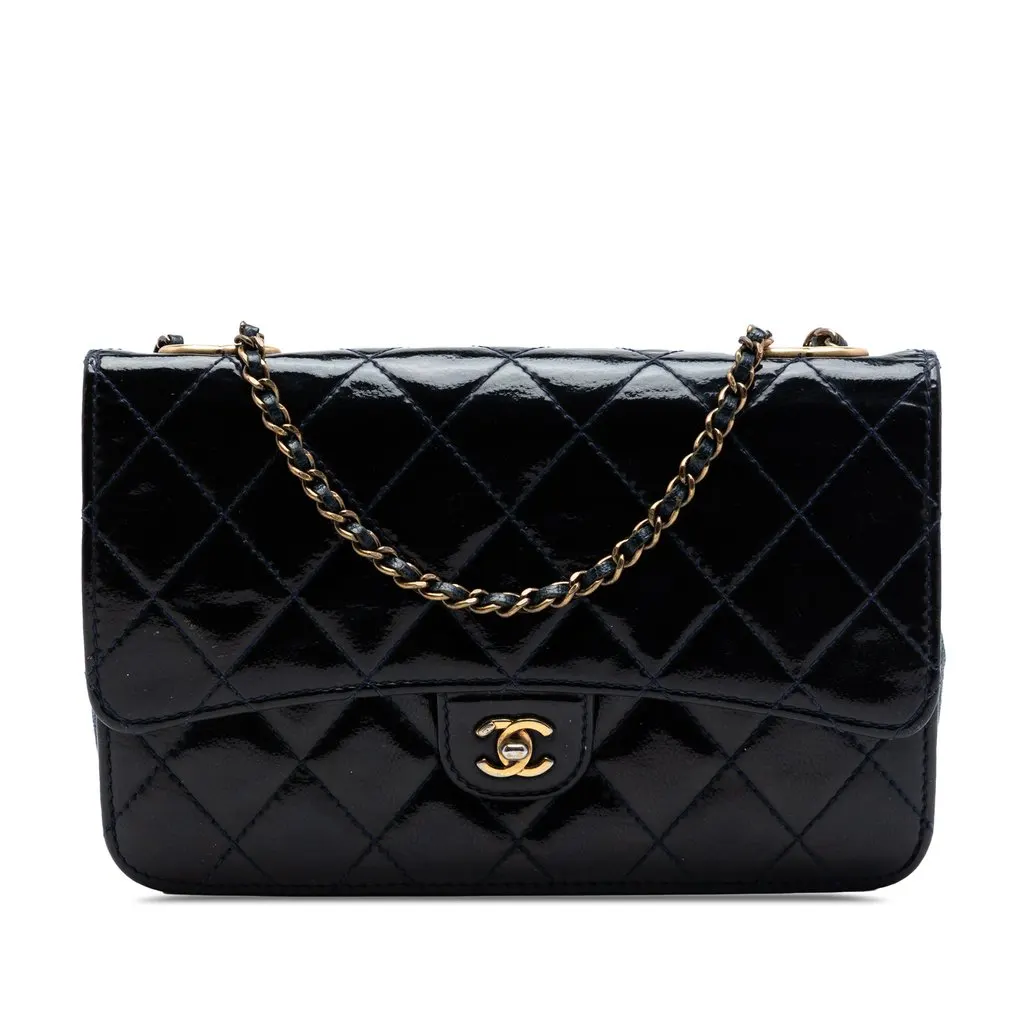 Chanel Quilted Patent and Goatskin CC Eyelet Wallet On Chain Blue Leather Very good - Front View