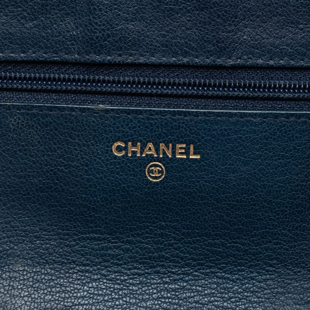 Chanel Quilted Patent and Goatskin CC Eyelet Wallet On Chain Blue Leather Very good - Box View