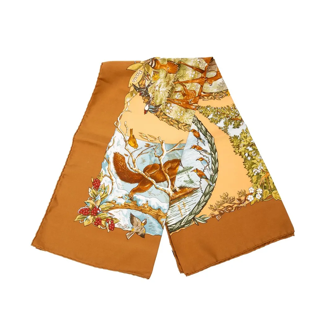 Hermès Les Quatre Saisons Silk Scarf 90 Brown Silk Good - Front View