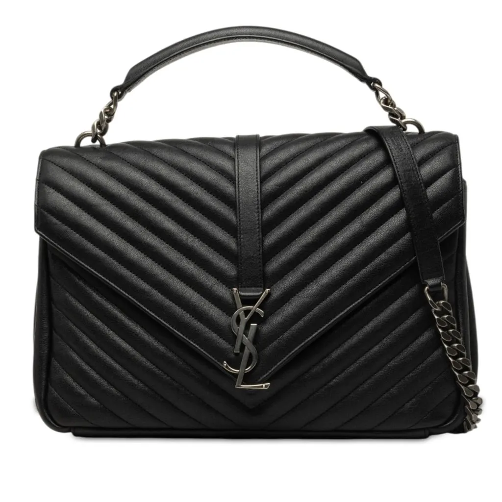 Saint Laurent Large Chevron Sheepskin Monogram College Bag Black Leather Very good - Front View