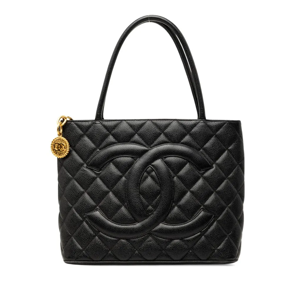 Chanel Caviar Medallion Tote Black Leather Good - Front View