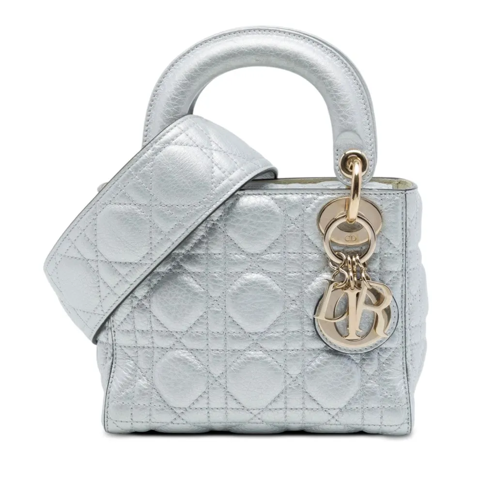 Dior Mini Metallic Calfskin Cannage Supple Lady Dior Silver Leather Good - Front View
