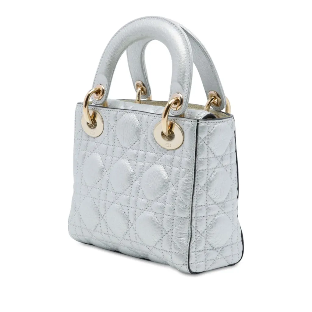 Dior Mini Metallic Calfskin Cannage Supple Lady Dior Silver Leather Good - Back View