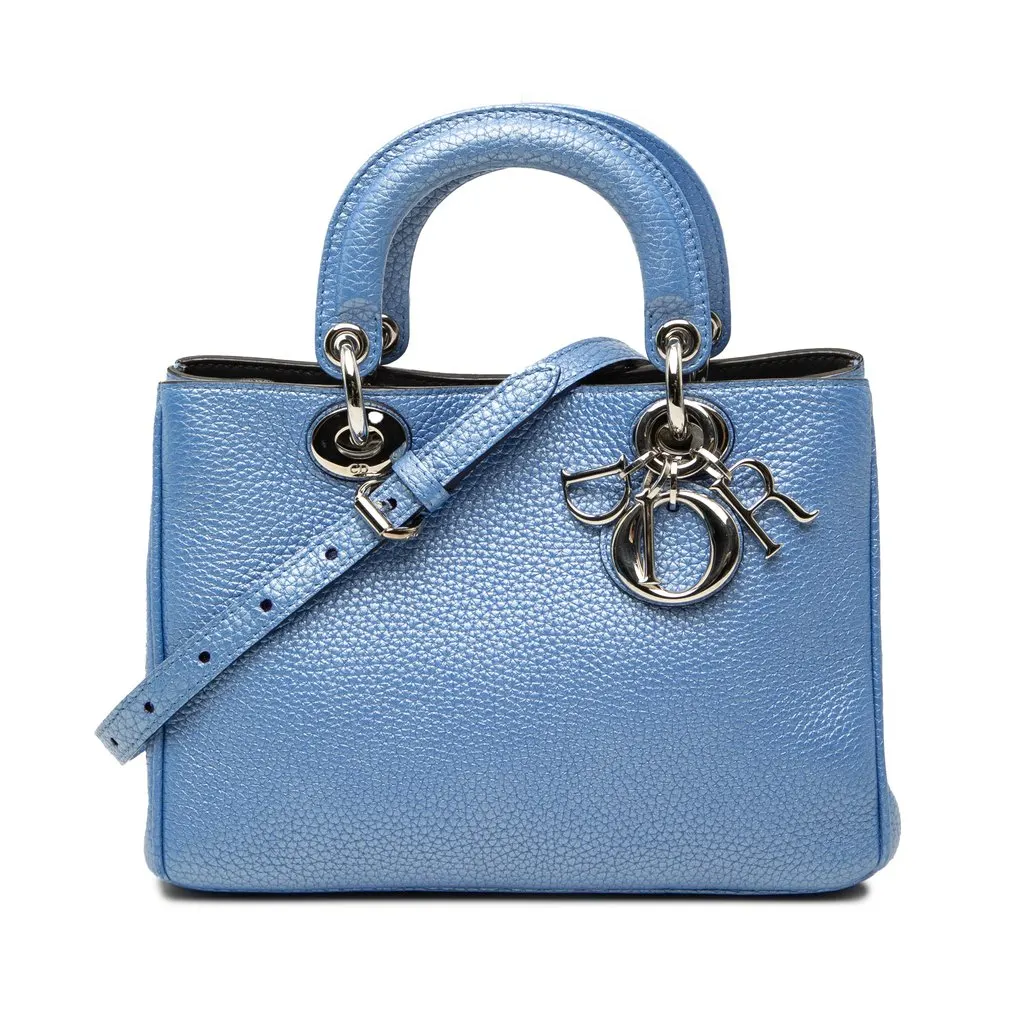 Dior Mini Metallic Pebbled Calfskin Diorissimo Satchel Blue Leather Good - Front View