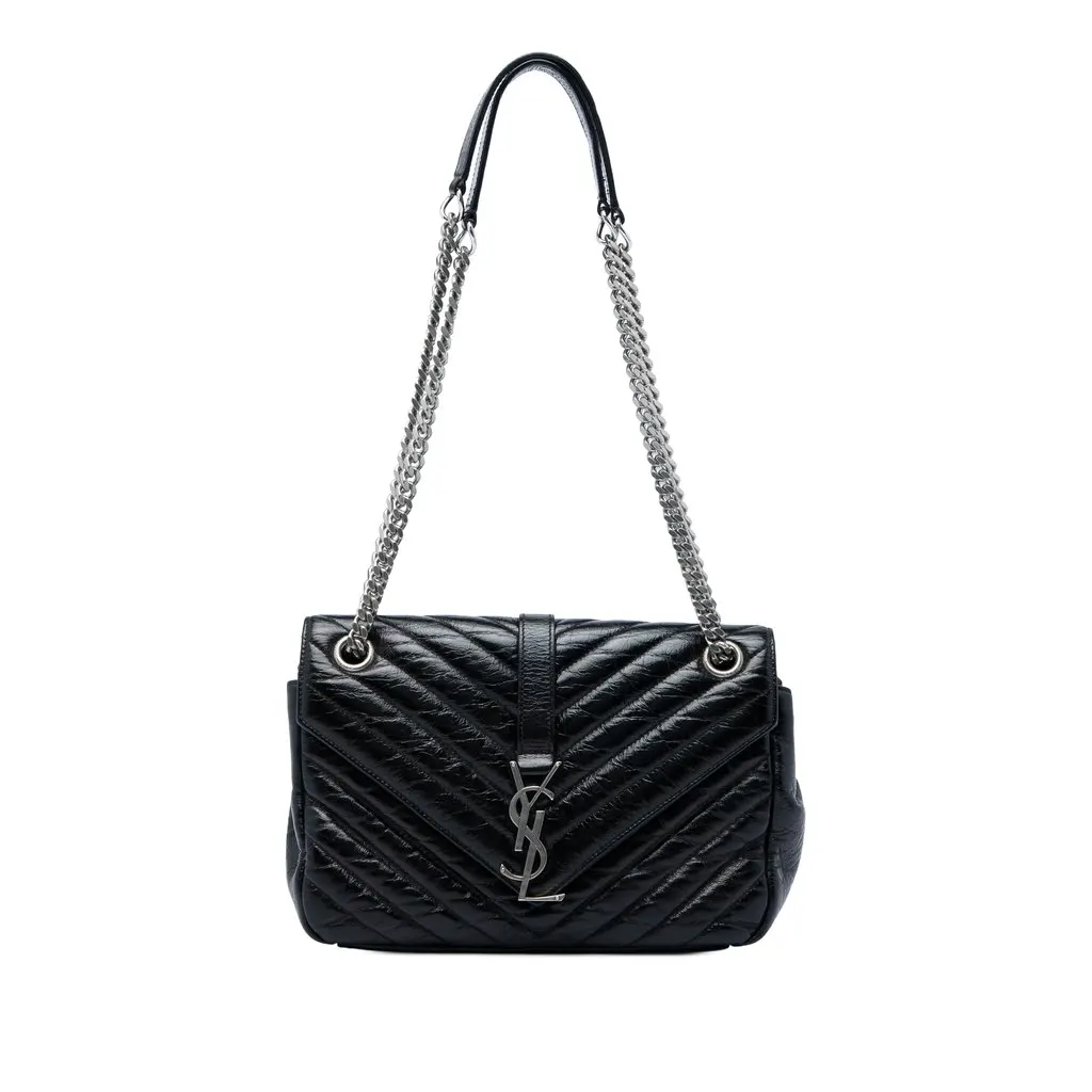 Saint Laurent Medium Chevron Metallic Crinkled Calfskin Punk Chain Bag Black Leather Very good - Front View