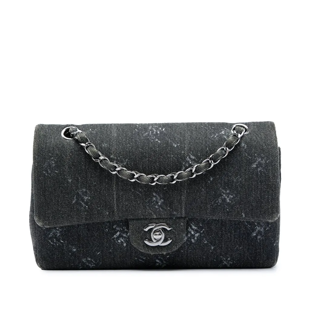 Chanel Medium Classic Printed Denim Double Flap Black Denim Very good - Front View