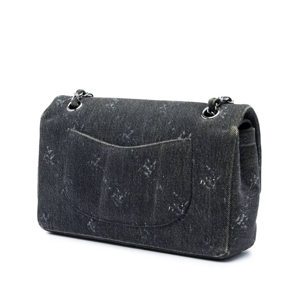 Chanel Medium Classic Printed Denim Double Flap Black Denim Very good - Back View