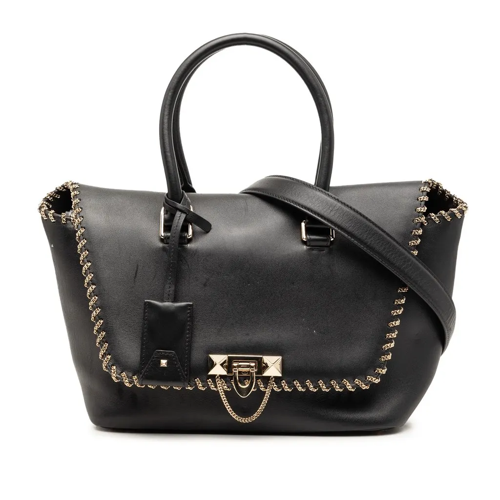 Valentino Leather Demilune Whipstitch Satchel Black Leather Very good - Front View