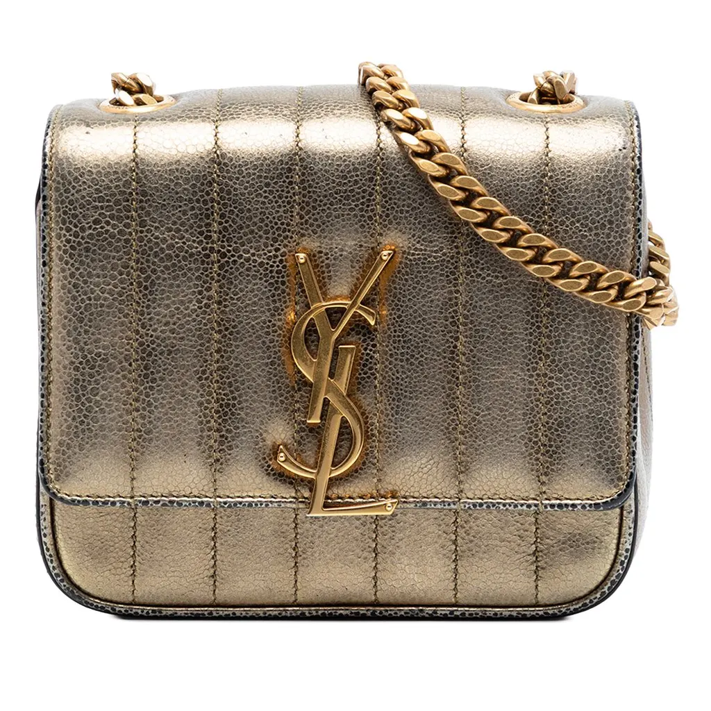 Saint Laurent Small Metallic Grain De Poudre Monogram Vicky Chain Bag Gold Leather Very good - Front View