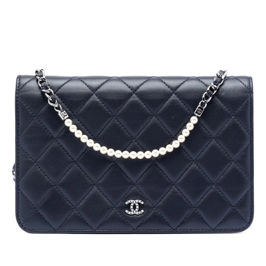 Chanel CC Quilted Lambskin Pearl Strap Wallet on Chain Blue Leather Good - Front View
