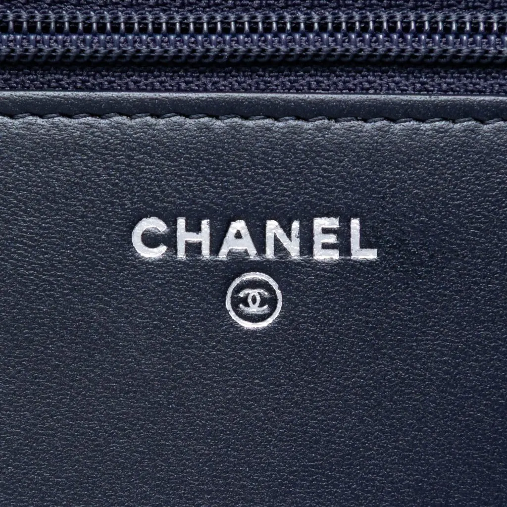 Chanel CC Quilted Lambskin Pearl Strap Wallet on Chain Blue Leather Good - Box View