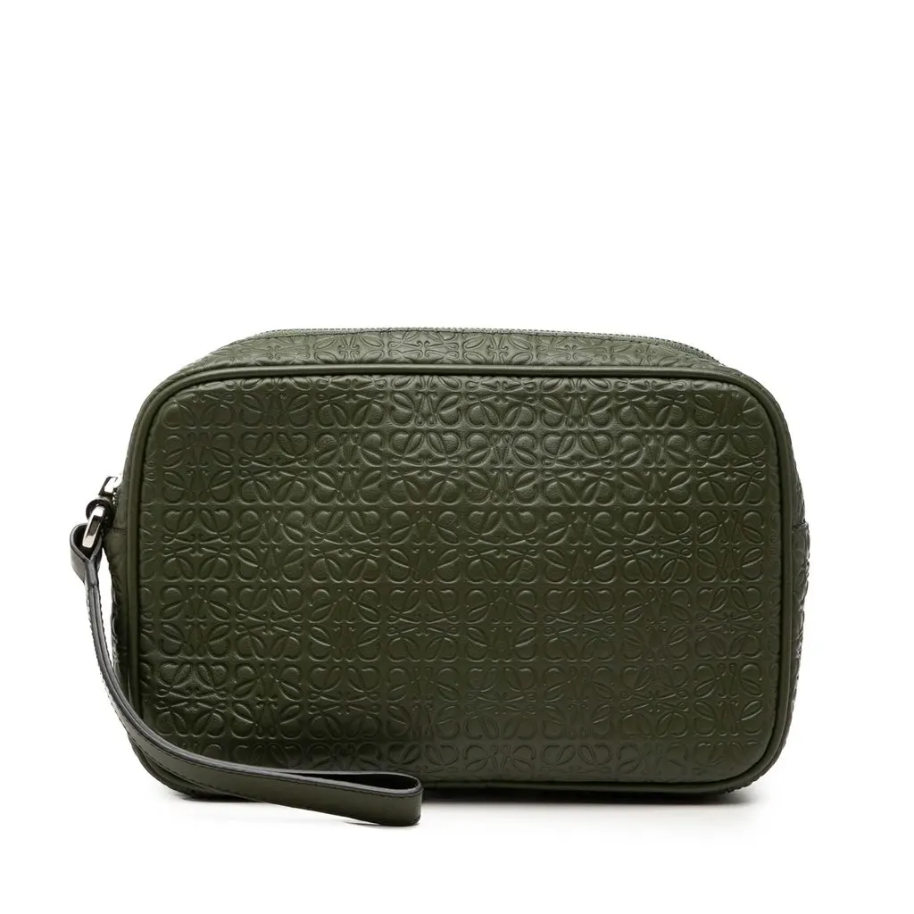 Loewe Embossed Anagram Leather Wristlet Pouch Green Leather Very good - Front View