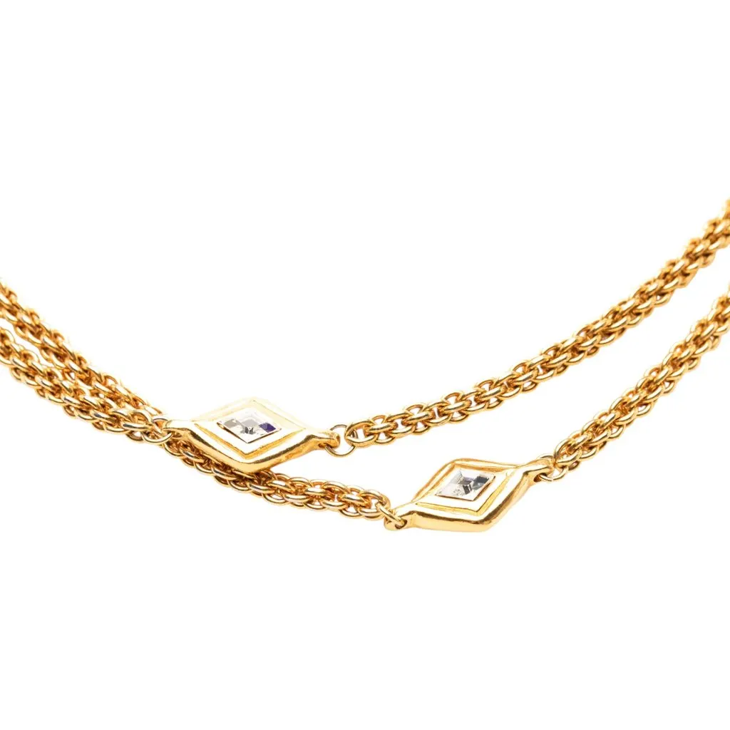 Chanel Gold Plated Diamond Strass Station Chain Long Necklace Gold Metal Very good - Front View