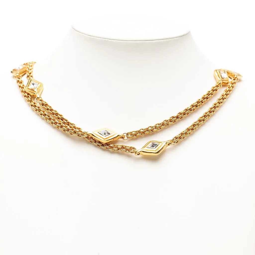 Chanel Gold Plated Diamond Strass Station Chain Long Necklace Gold Metal Very good - Box View