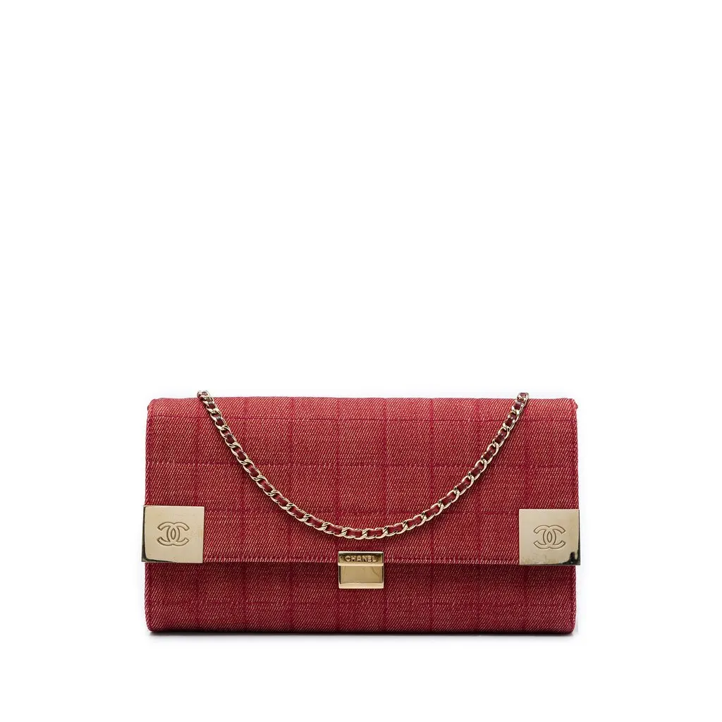 Chanel CC Chocolate Bar Denim Chain Flap Red Very good - Front View