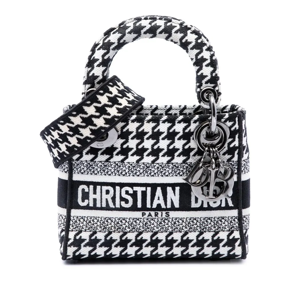 Dior Mini Embroidered Canvas Houndstooth Lady D Lite White Very good - Front View