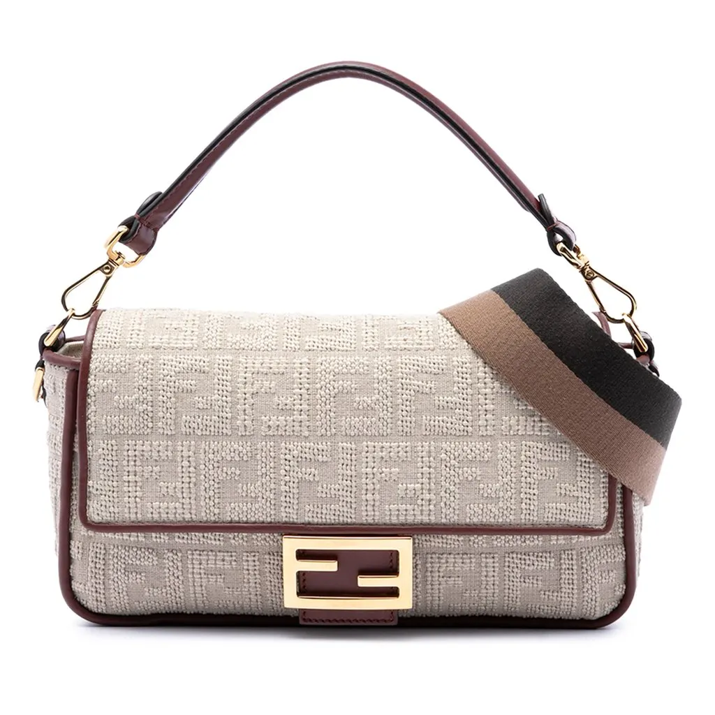 Fendi Zucca Embroidered Canvas Baguette Satchel Beige Very good - Front View