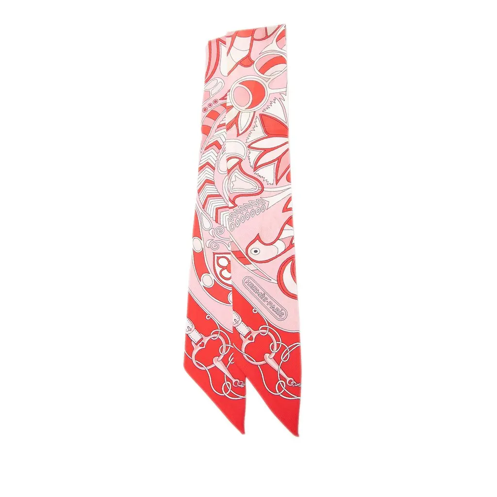 Hermès Folklore Silk Twilly Scarf Pink Very good - Front View
