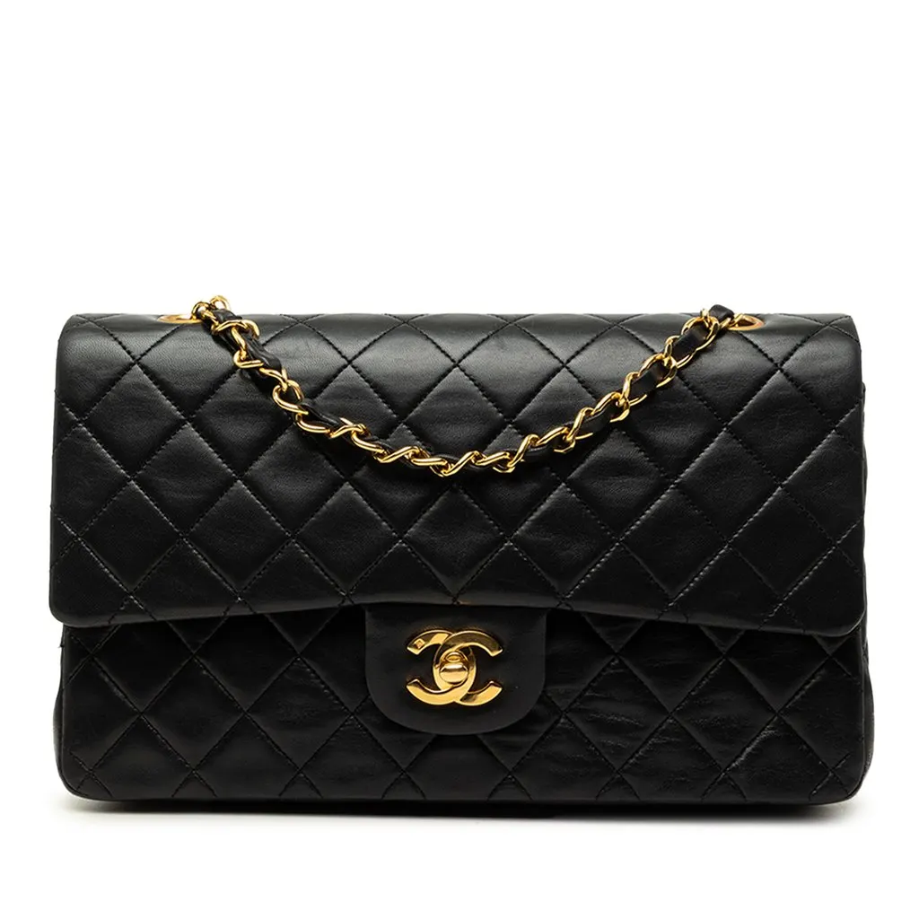 Chanel Medium Classic Lambskin Double Flap Black Leather Very good - Front View