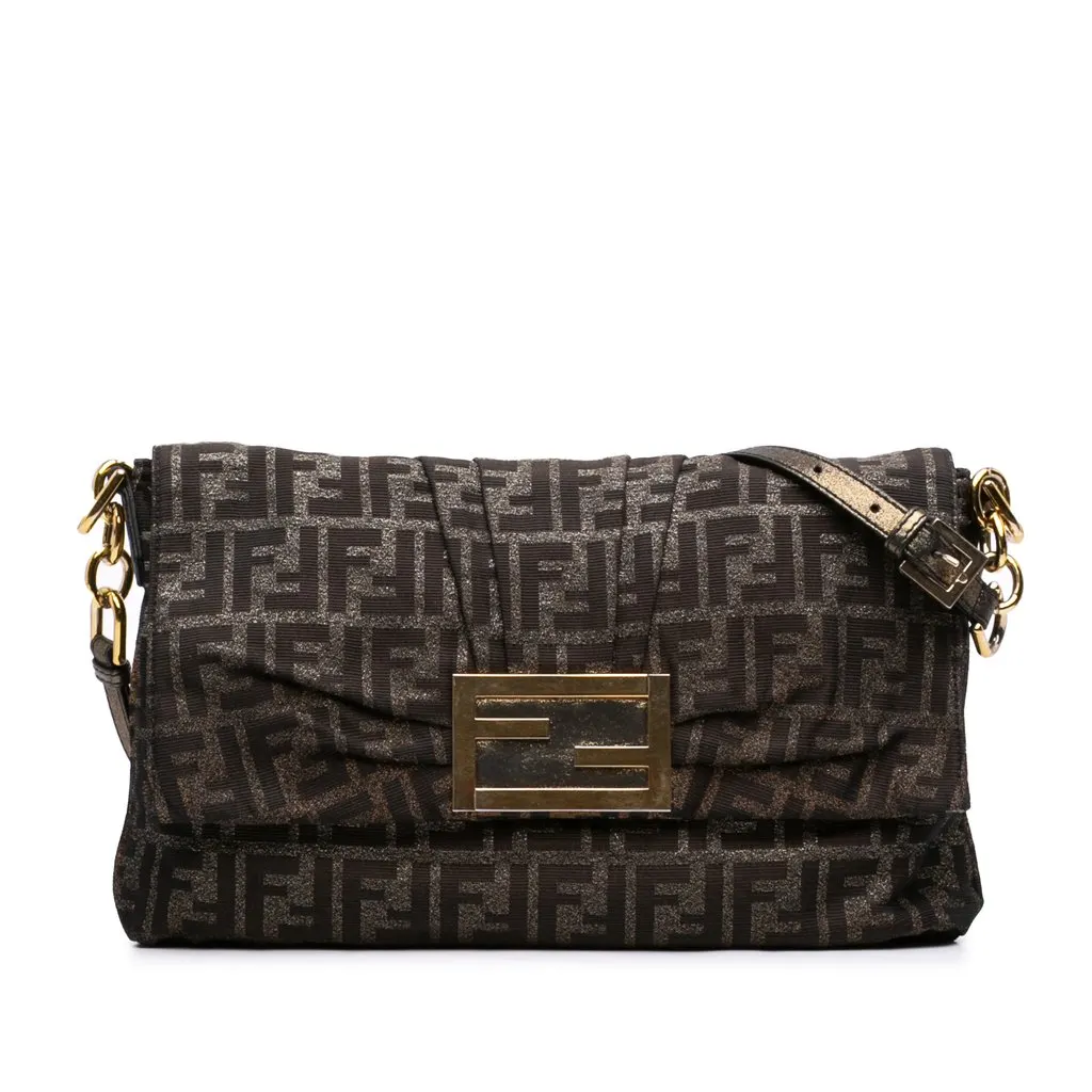 Fendi Large Zucca Canvas Glitter Mia Flap Shoulder Bag Brown Very good - Front View