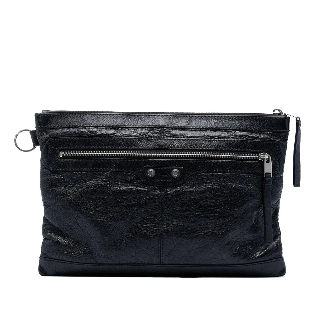 Balenciaga Lambskin Motocross Classic Clip Clutch M Black Leather Very good - Front View