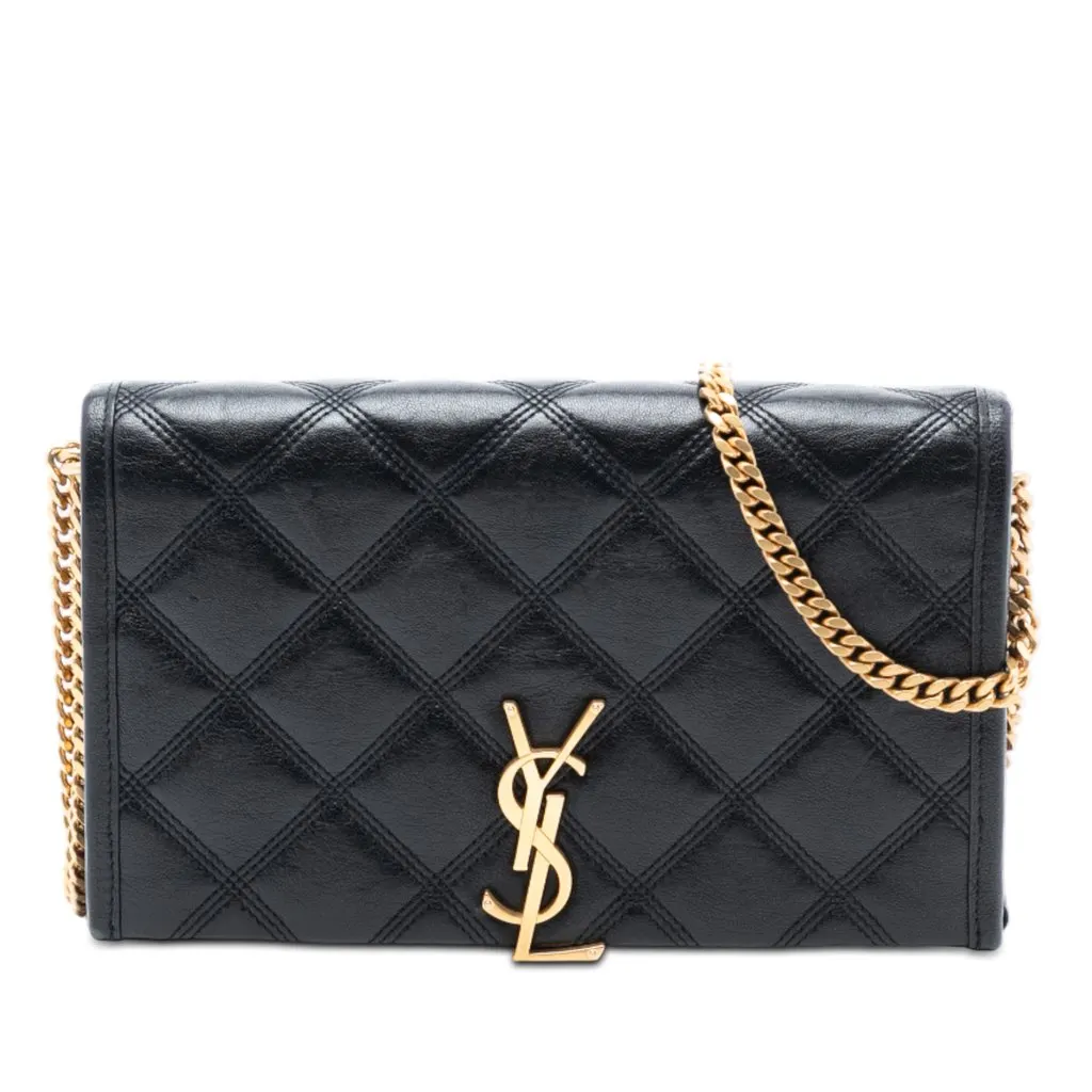 Saint Laurent Quilted Diamond Lambskin Becky Wallet on Chain Black Leather Very good - Front View