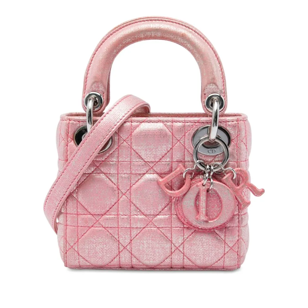 Dior Micro Metallic Iridescent Lambskin Cannage Lady Dior Pink Leather Very good - Front View
