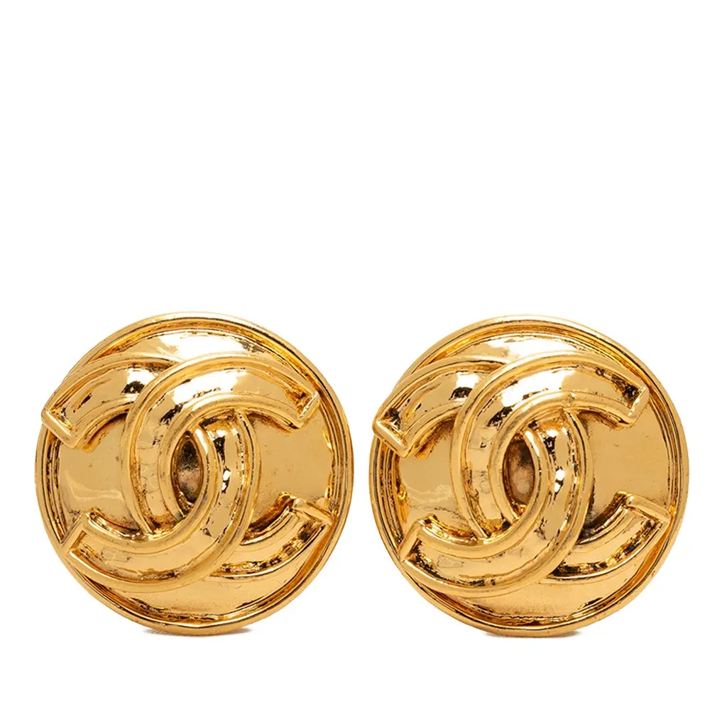 Chanel CC Gold Plated Button Clip On Earrings Gold Metal Very good - Front View