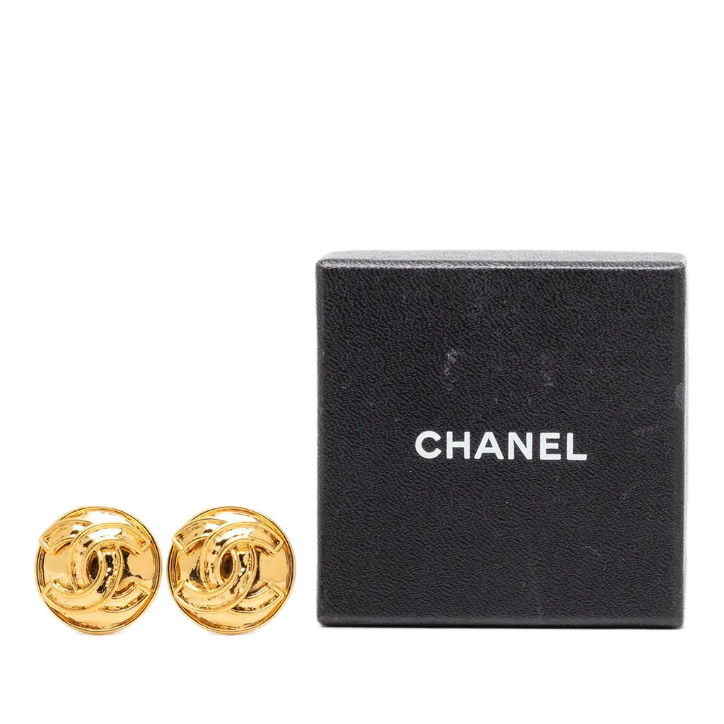 Chanel CC Gold Plated Button Clip On Earrings Gold Metal Very good - Model View