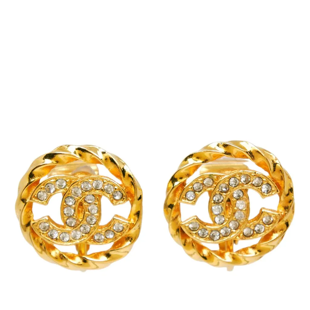 Chanel CC Gold Plated Strass Clip On Earrings Gold Metal Very good - Front View