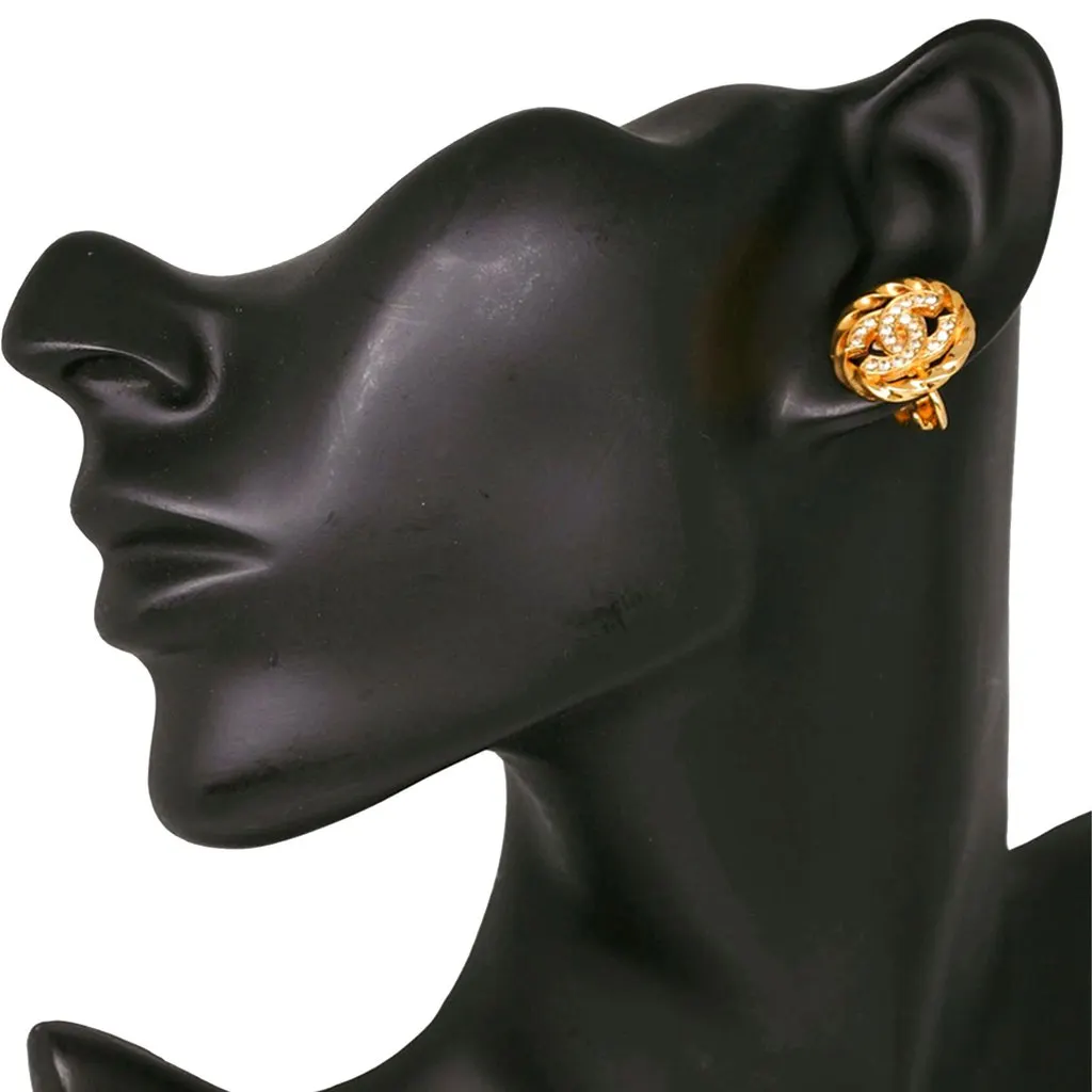 Chanel CC Gold Plated Strass Clip On Earrings Gold Metal Very good - Model View