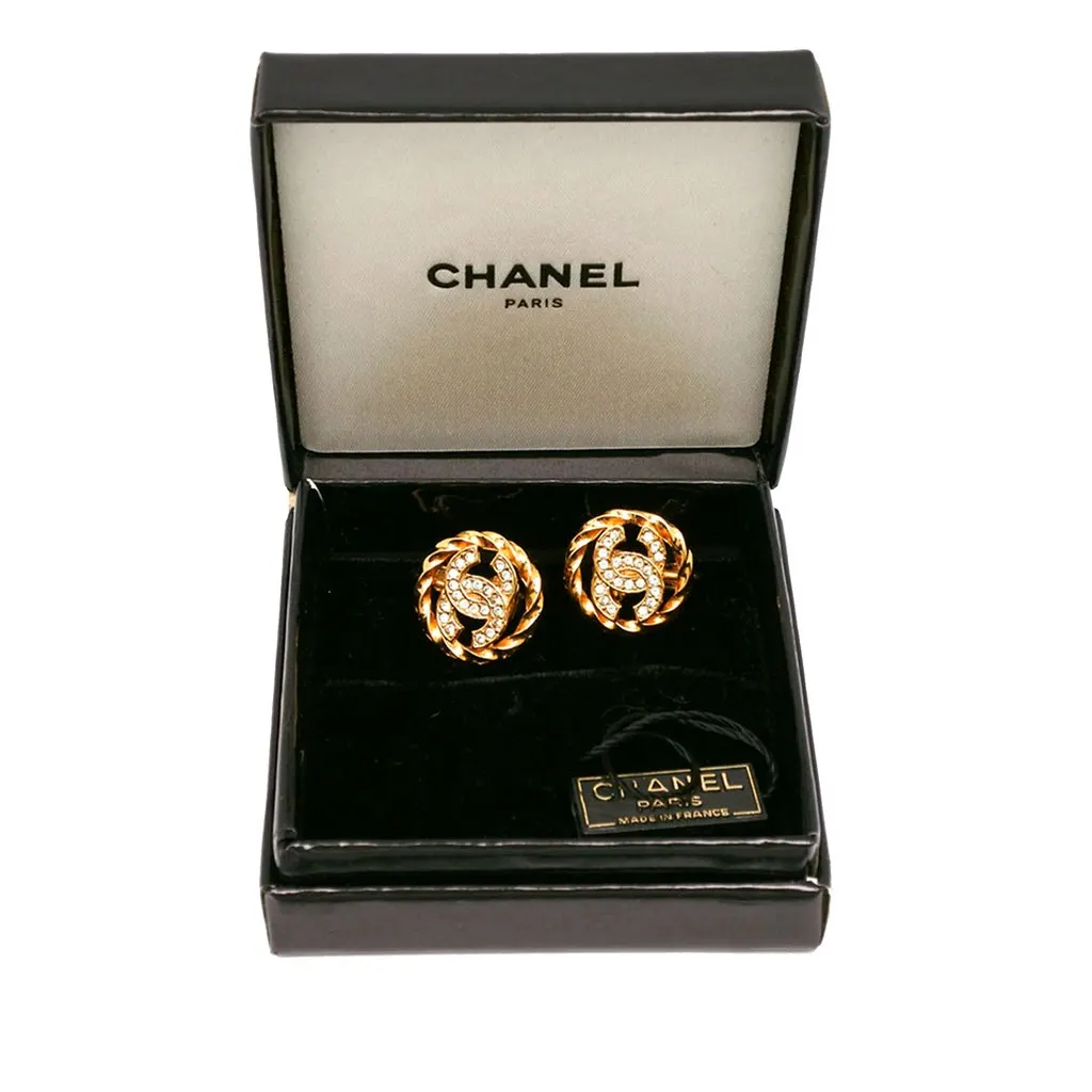Chanel CC Gold Plated Strass Clip On Earrings Gold Metal Very good - Box View