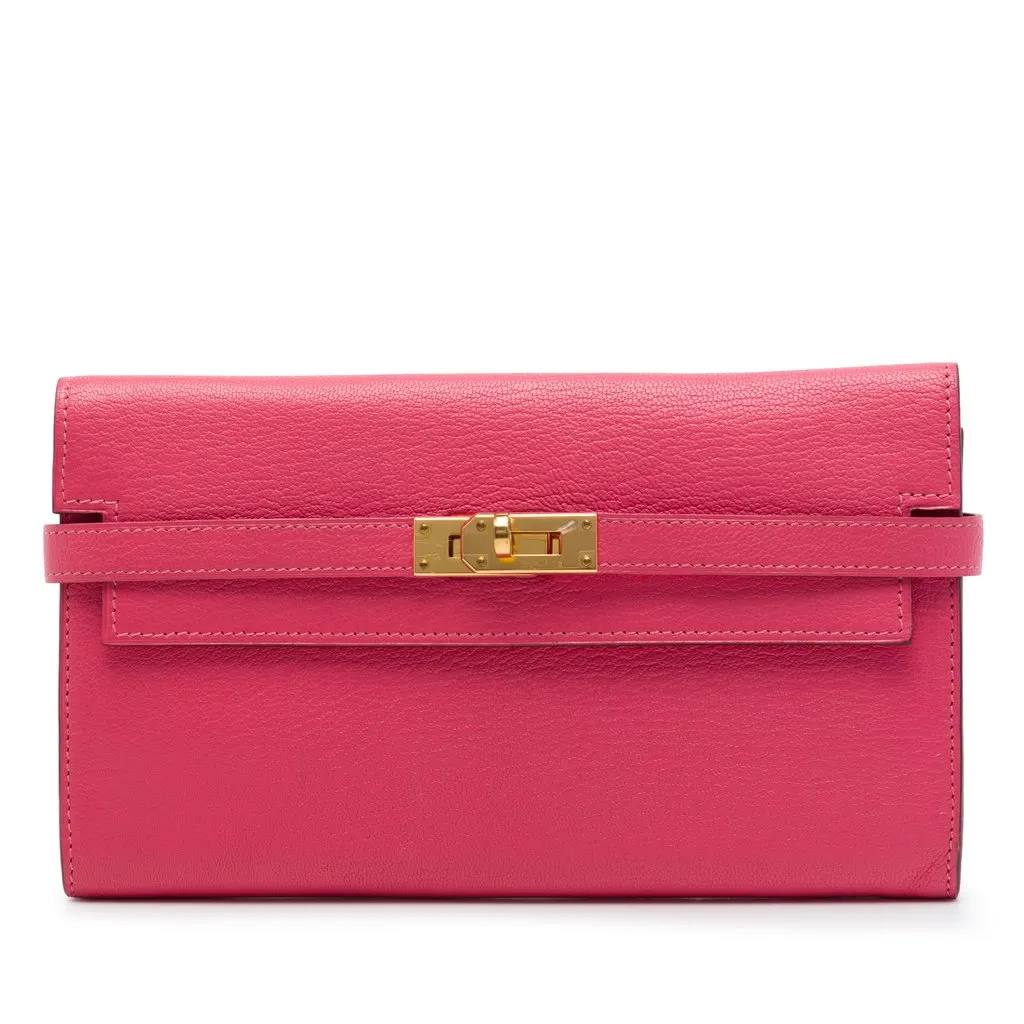 Hermès Chevre Mysore Kelly Longue Wallet Pink Leather Very good - Front View