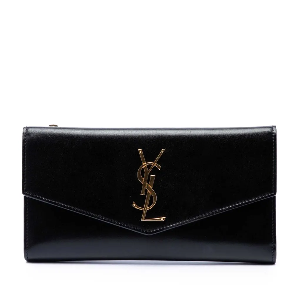 Saint Laurent Smooth Shiny Calfskin Monogram Uptown Clutch Black Leather Very good - Front View