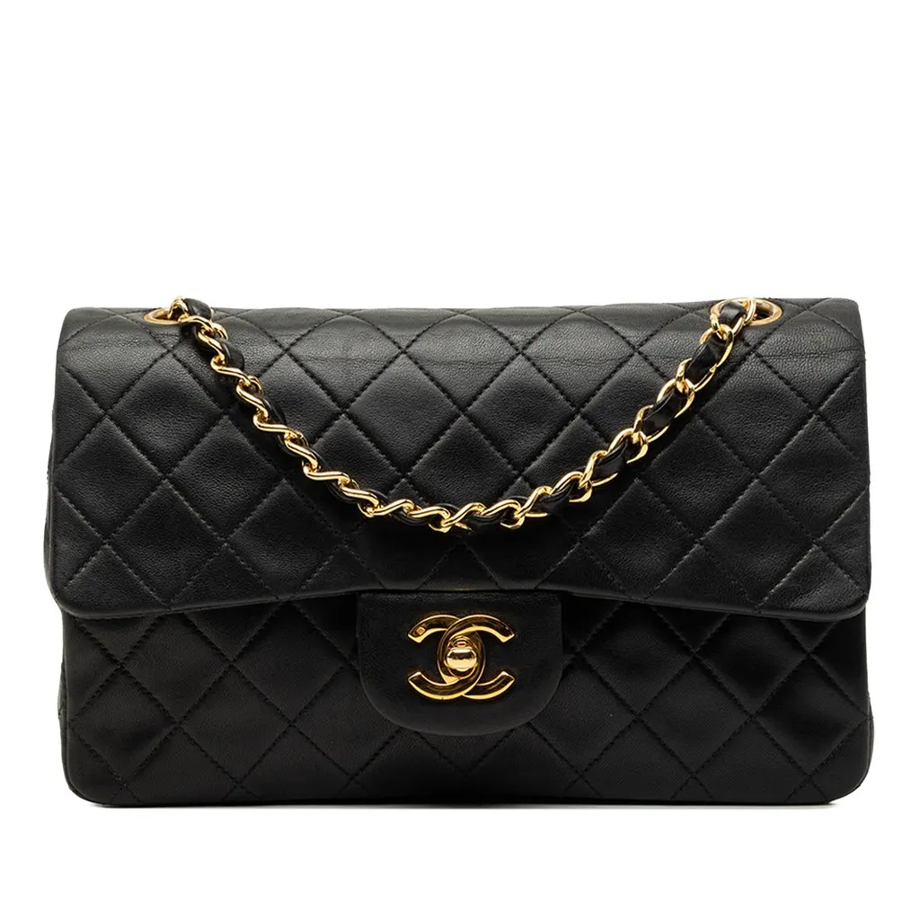 Chanel Small Classic Lambskin Double Flap Black Leather Good - Front View